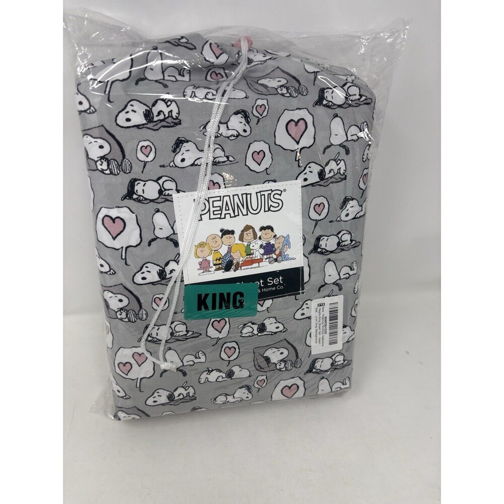 Peanuts Snoopy Hearts King Sheet Set Berkshire Gray Pink 4 Piece NWT